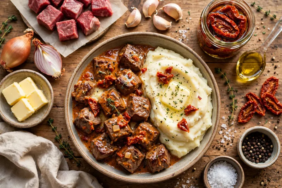 Marry Me Steak Bites with Garlic Mashed Potatoes